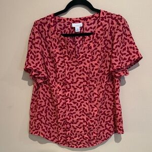 💜Liz Claiborne Pink Leaf Print Stylish Petite Blouse Effortless Flowy Elevated